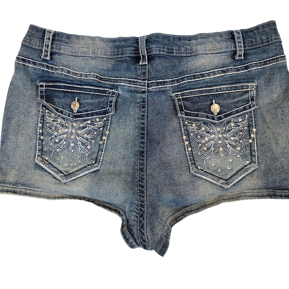 Womens 3XL Romwe Denim Butterfly Rhinestone Shorts Blue‎ Y2K McBling Aesthetic